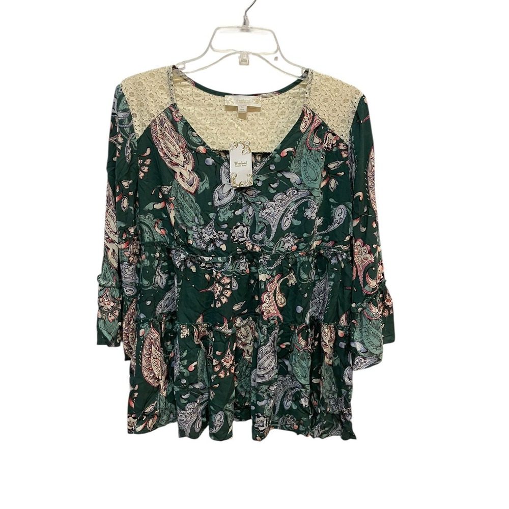 Suzanne Betro Weekend Boho Paisley Tiered‎ Tunic Top Green Lace Medium Flowy NWT